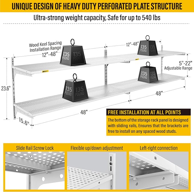 2-Pack 2 Tier 1.3x4ft Garage Shelving Wall Mounted, 15.6x48inch per Shelf Height Cassette Adjustable Floating Shelves(White)