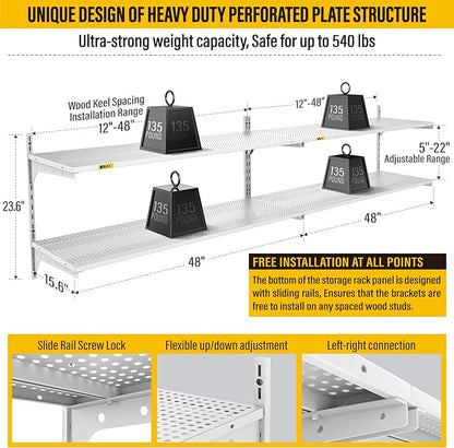 2-Pack 2 Tier 1.3x4ft Garage Shelving Wall Mounted, 15.6x48inch per Shelf Height Cassette Adjustable Floating Shelves(White)
