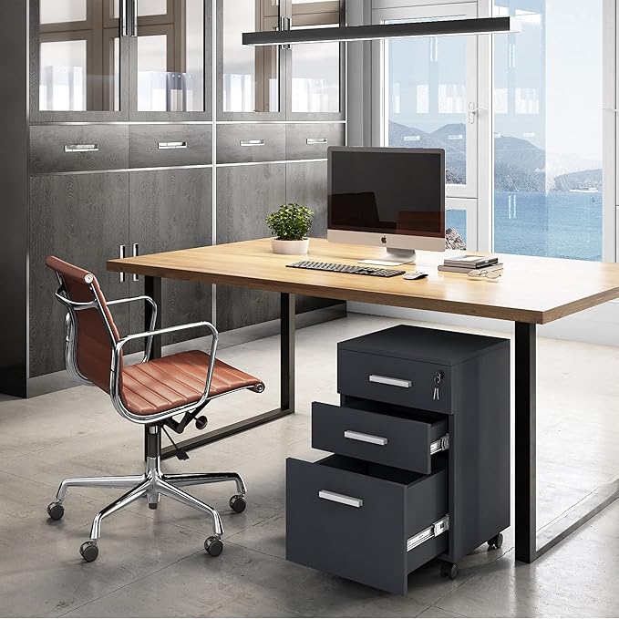 Modern Design Lazio Black File Cabinet, Filing Cabinets for Home Office, Drawers for Under Desk, Locking 3 Drawer Rolling Wood File Cabinet with Lock, by Crafts and Comfort