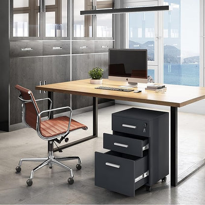Modern Design Lazio Black File Cabinet, Filing Cabinets for Home Office, Drawers for Under Desk, Locking 3 Drawer Rolling Wood File Cabinet with Lock, by Crafts and Comfort
