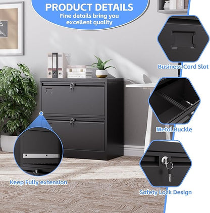 SUXXAN Metal 2 Drawer Lateral File Cabinet with Lock - Wide Filing Cabinet for Letter/Legal/F4/A4 Hanging Files - Includes Business Card Holder, Home Office School Storage,Black