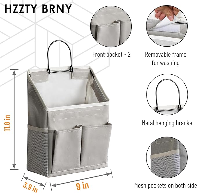 2pcs Wall Hanging Storage Bag, Small Door Closet Linen Fabric Pockets Organizer, Waterproof Multi Functional for Living Room Bedroom Bathroom Kitchen RV Camper with Hooks All Grey