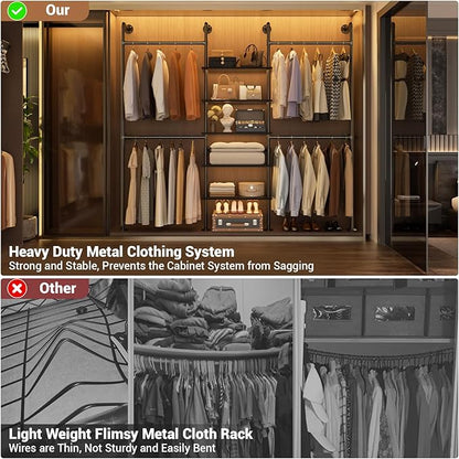 Aheaplus Industrial Pipe Clothing Rack, Reversible 6.42FT Clothes Rack for Hanging Clothes, Heavy Duty 5-Tier Closet Wardrobe Garment Racks with Shelves, Corner Closet Organizer System, Black