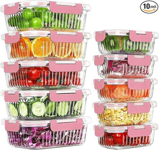 KOMUEE 10 Packs Glass Meal Prep Containers with Lids, Glass Food Storage Containers Set, Airtight Lunch Containers, Microwave, Oven, Freezer and Dishwasher Safe, Pink