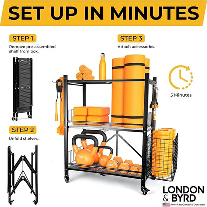 London & Byrd - No Assembly - Home Gym Storage Rack. Steel Construction, Heavy Duty Wheels, with Basket and Hooks. Great for Home Gym Equipment, Yoga mats, Kettlebells, and Small Dumbbell Storage.