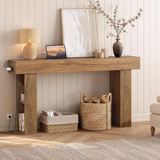 63" Long Console Table, Narrow Entryway Table with Charging Station and LED Lights, 2-Tier Farmhouse Behind Couch Table with Storage, for Entryway, Light Walnut and Black MXG04UJS