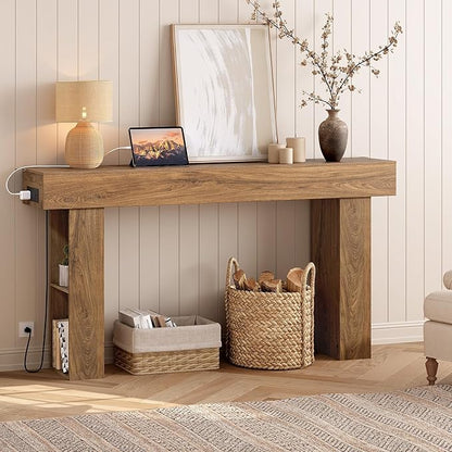 63" Long Console Table, Narrow Entryway Table with Charging Station and LED Lights, 2-Tier Farmhouse Behind Couch Table with Storage, for Entryway, Light Walnut and Black MXG04UJS