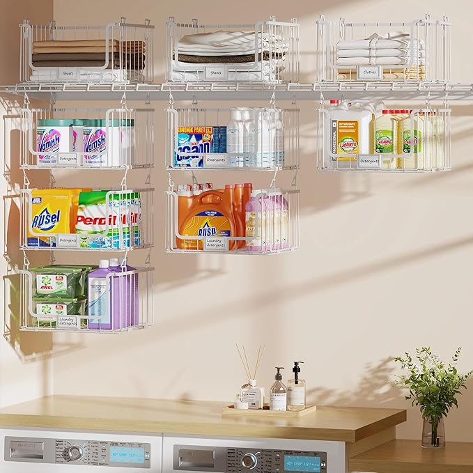 3-Pack Laundry Basket, Wire shelves for Laundry Room Space Saving-Metal Laundry Basket Holde,15"D x 11"W, White