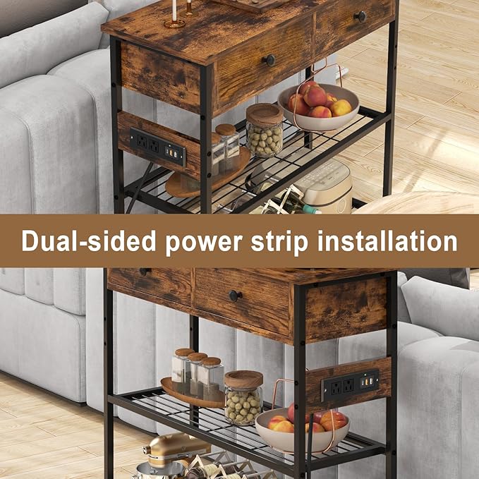 GOFLAME Console Table with Power Outlet, Narrow Entry Table with Drawers, 2 AC Outlets & 2 USB Ports, Sofa Table for Living Room Behind Couch, Living Room, Foyer, Brown