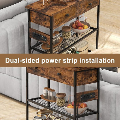 GOFLAME Console Table with Power Outlet, Narrow Entry Table with Drawers, 2 AC Outlets & 2 USB Ports, Sofa Table for Living Room Behind Couch, Living Room, Foyer, Brown