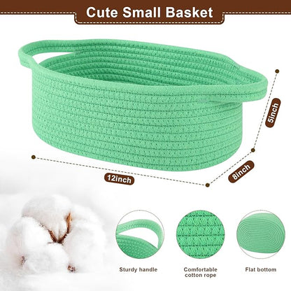 OIAHOMY Gift Basket with Handle, Small Woven Basket with Gift Bag, Ribbon and Wrap Tissue Paper, Nursery Bins Empty to Fill with Small Items, Baby, Pet Toy Organizer - Green