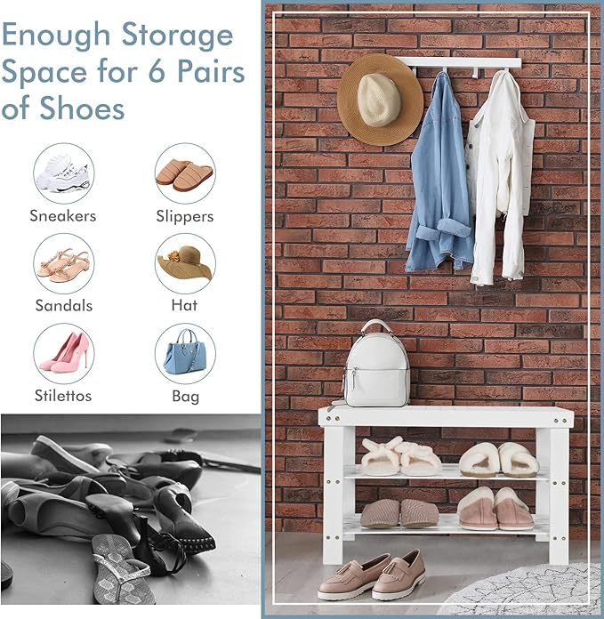 COSTWAY Bamboo Shoe Rack Bench 3-Tier Free Standing Wood Shoe Storage Organizer Shelf Holder Home Entryway Hallway Furniture Eco-Friendly (White)