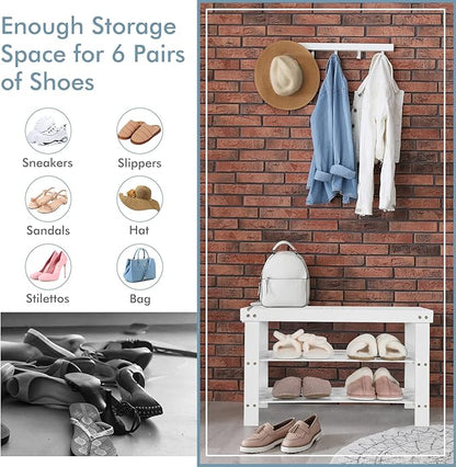 COSTWAY Bamboo Shoe Rack Bench 3-Tier Free Standing Wood Shoe Storage Organizer Shelf Holder Home Entryway Hallway Furniture Eco-Friendly (White)