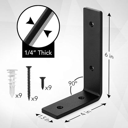 Claimed Corner Premium Heavy-Duty Shelf Brackets - Quarter Inch (1/4') Thick - Rustic Industrial Modern Farmhouse Black Iron Finish Shelf Holder Hanger Bracket w/ Hardware, 4-PK - Multiple (6' x 4')