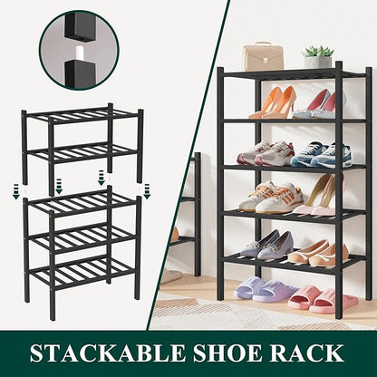 Smiry Bamboo Shoe Rack for Closet, 2 Tier Small Wooden Stackable Shoe Organizer, Free Standing Shoes Storage Shelf for Entryway, Front Door Entrance, Black