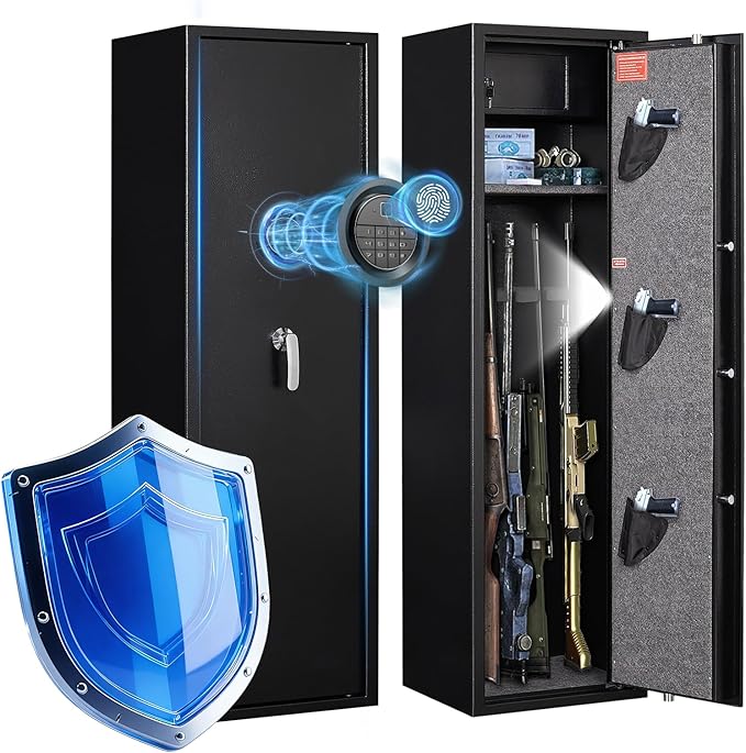 Marcree Large Rifle Safe with Biometric Fingerprint - Gun Safe for 8-10 Rifles & Pistols for Home, Quick Access, Anti-Theft Alarm, Removable Shelf, No Assembly (11.8"D x 13.8"W x 57.2"H)