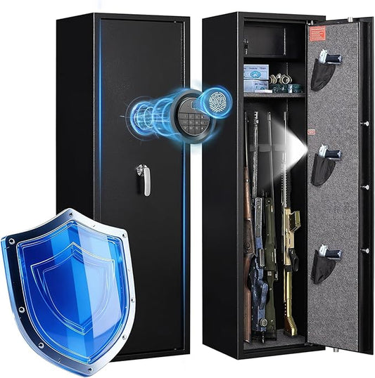 Marcree Large Rifle Safe with Biometric Fingerprint - Gun Safe for 8-10 Rifles & Pistols for Home, Quick Access, Anti-Theft Alarm, Removable Shelf, No Assembly (11.8"D x 13.8"W x 57.2"H)