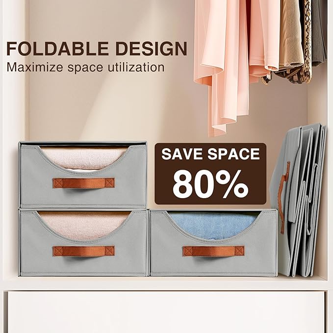 Stackable Storage Drawers - Large Collapsible Storage Bins with Drawers, 6 Pack Closet Shelf Organizer Basket, Fabric Pull Out Organizer for Bedroom, Living Room, Dorm, Grey