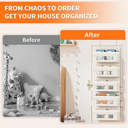 Aokeyee 5 Tier Over The Door Organizer Storage Nursery, Boho Door Organizer Hanging with Tassels and Clear Window, 65lb Behind The Door Storage for Baby Nursery, Bedroom, Bathroom, Laundry, Pantry
