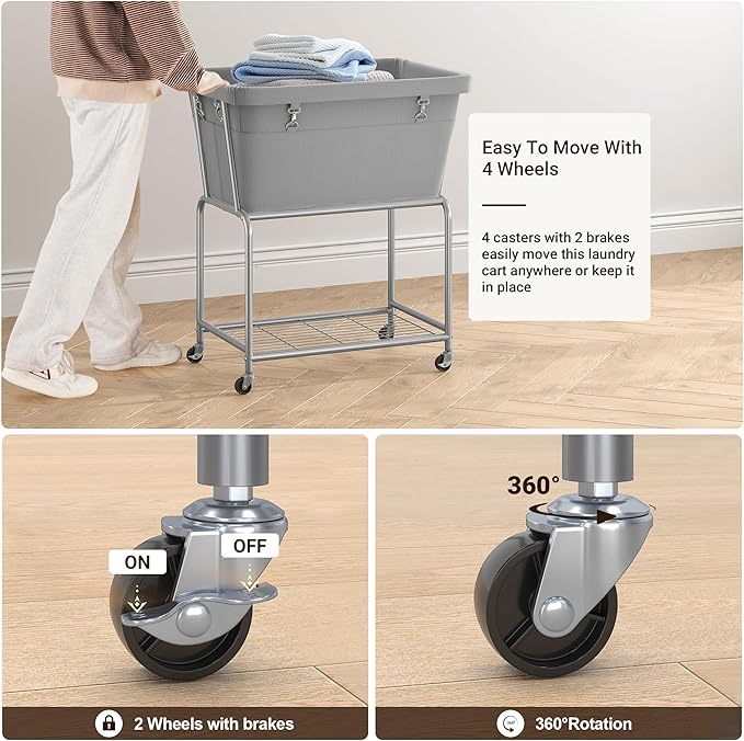 ELYKEN Rolling Laundry Hamper with Wheels, 32-Gallon (122L) Laundry Cart with Removable Bag, 2-Tier Clothes Basket Hamper with Shelf for Closet, Bedroom, Bathroom, Laundry Room, Gray