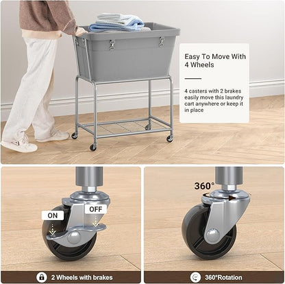 ELYKEN Rolling Laundry Hamper with Wheels, 32-Gallon (122L) Laundry Cart with Removable Bag, 2-Tier Clothes Basket Hamper with Shelf for Closet, Bedroom, Bathroom, Laundry Room, Gray