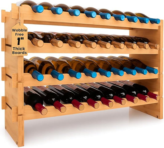 NutriChef 36 Bottle Wine Rack Stackable Bamboo Freestanding, 4-Tier Modular Shelf, Sturdy Wobble Free, Upgraded 2026 Design, Easy No-Tool Assembly for Kitchen, Cellar or Bar Storage 33.5" x 10" x 21"