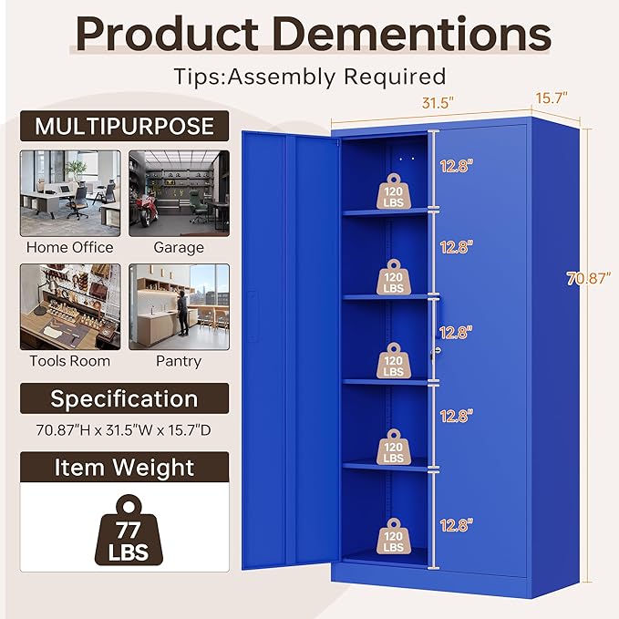 Metal Storage Cabinet with Lock, 71" Black Garage Cabinets with 2 Doors and 4 Adjustable Shelves, Steel Locking Caninet Tall Tool Storage Cabnet, Lockable File Caninets for Home Office, Pantry