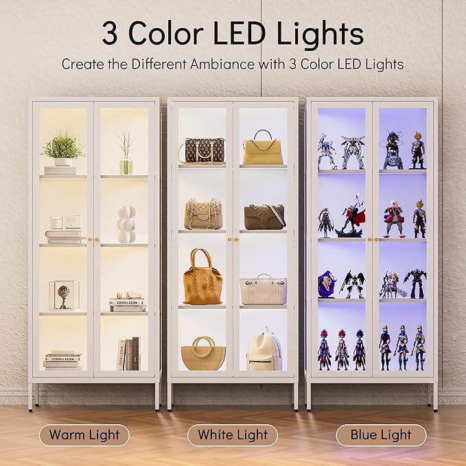 Display Cabinet with 3 Color LED Lights and Tempered Glass, 66 Inch Tall Curio Cabinet with 3 Side Glass, White Display Case for Collectibles, Lighted Cabinets for Living Room- Assemble Required