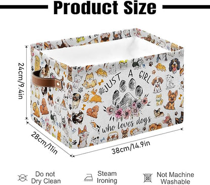 Paw Print Storage Basket - Birthday Christmas Gift for Dog Lovers - "Just a Girl Who Loves Dogs" Themed Collapsible Storage Bin with Handles - Rectangle Storage Organizer for Home, Shelves, Closet