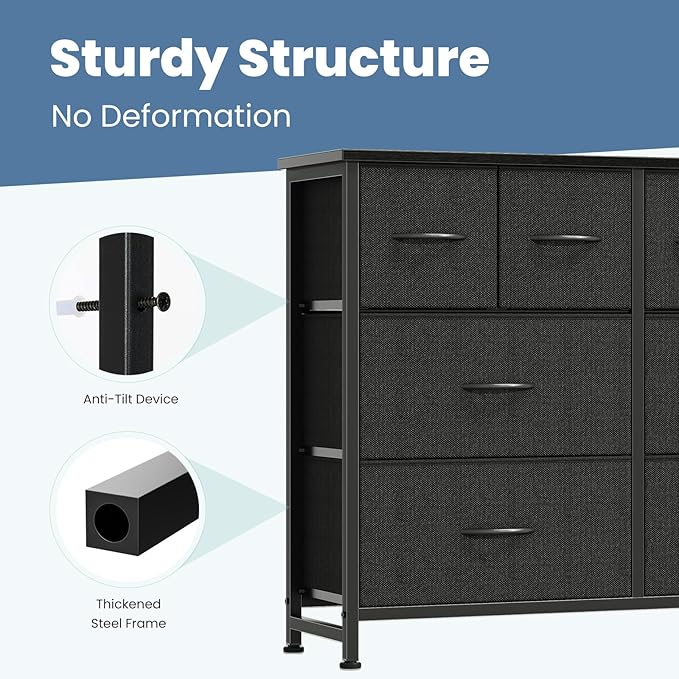 DUMOS TV Stand, Dresser with 8 Fabric Drawers, Spacious Storage Tower for Closet, TV Stand with Wood Top and Mental Frame, Storage Unit for Living Rooms, Bedroom and Entryway, Black