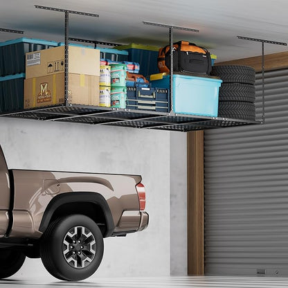 GIOTORENT 4x8FT Garage Ceiling Storage Racks, Overhead Garage Shelving Rack, Heavy Duty Metal Warehouse Storage Organization System, 700lbs Capacity, Adjustable Ceiling Mounted, Black