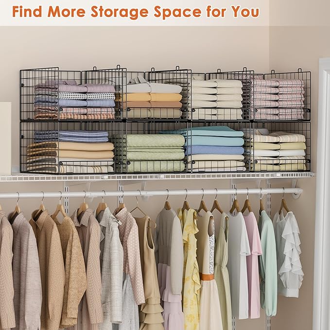 5-Tier Stackable Closet Storage Baskets, Closet Organizers and Storage Shelves, Foldable & Stackable Clothes Storage Bins for Closet Organizer System, Closet Shelf Organizer for Home,Black