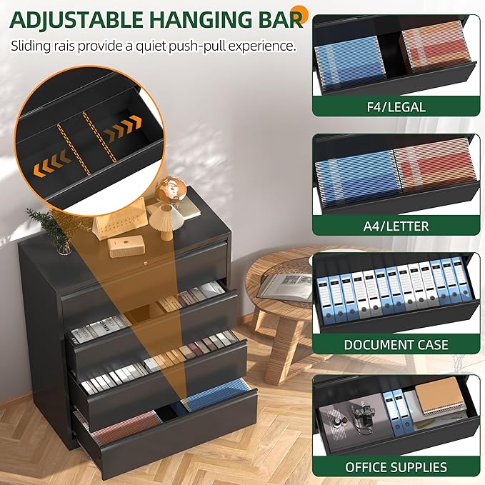 Lateral File Cabinet with Lock, 4 Drawer Lateral File Cabinets, Metal Filing Cabinets for Home Office, Black Deep Drawer for Hanging Files Letter/Legal/A4/F4 Size, Printer Stand, Assembly Required