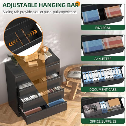 Lateral File Cabinet with Lock, 4 Drawer Lateral File Cabinets, Metal Filing Cabinets for Home Office, Black Deep Drawer for Hanging Files Letter/Legal/A4/F4 Size, Printer Stand, Assembly Required