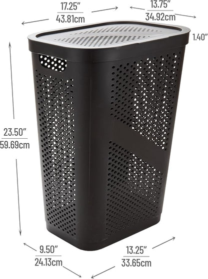 Mind Reader Slim Laundry Hamper with Lid, 60L Clothes Basket, Ventilated Plastic, Brown