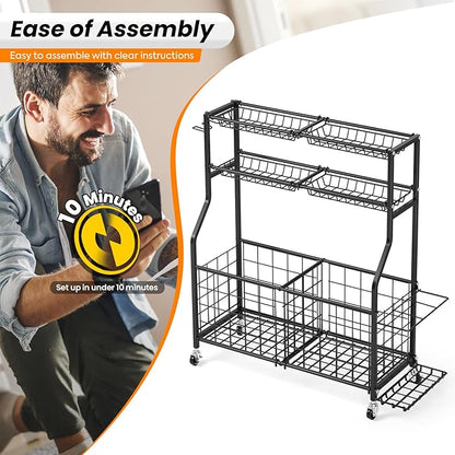 TOOLF Garage Sports Equipment Organizer with Ball Rack & Basket, Heavy Duty Workout Storage Cart for Gym Equipment, Outdoor Toy Organizers, Black