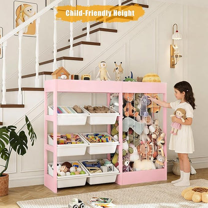 50.6" W Toy Organizers and Storage, 3-in-1 Kids Toy Storage Cabinet with Stuffed Animal Holder, 6 Plastic Removable Bins, Wooden Shelf for Girls Boys Playroom, Nursery, Kids Room(Pink)