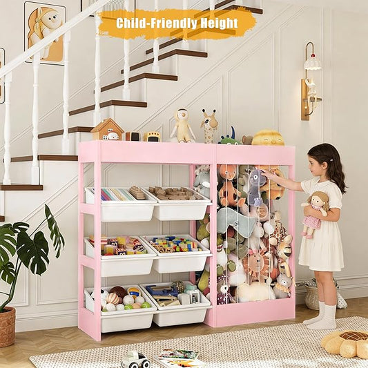 50.6" W Toy Organizers and Storage, 3-in-1 Kids Toy Storage Cabinet with Stuffed Animal Holder, 6 Plastic Removable Bins, Wooden Shelf for Girls Boys Playroom, Nursery, Kids Room(Pink)