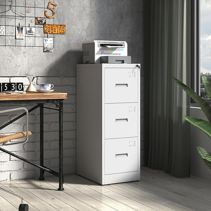 3 Drawer Metal File Cabinet with Lock,White Steel Filing Cabinets Heavy Duty Locking Vertical File Cabinet Home Office Storage Cabinet for Legal/Letter Size File,Assembly Required