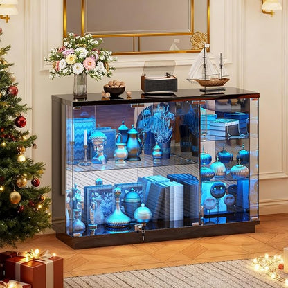 HNEBC Lockable Display Curio Cabinet with Glass Door,47.2" W Glass Display Cabinet with 3 Color Lights for Collectibles,5-Tier Lighted Display Case with Human Sensor,Living Room,Black