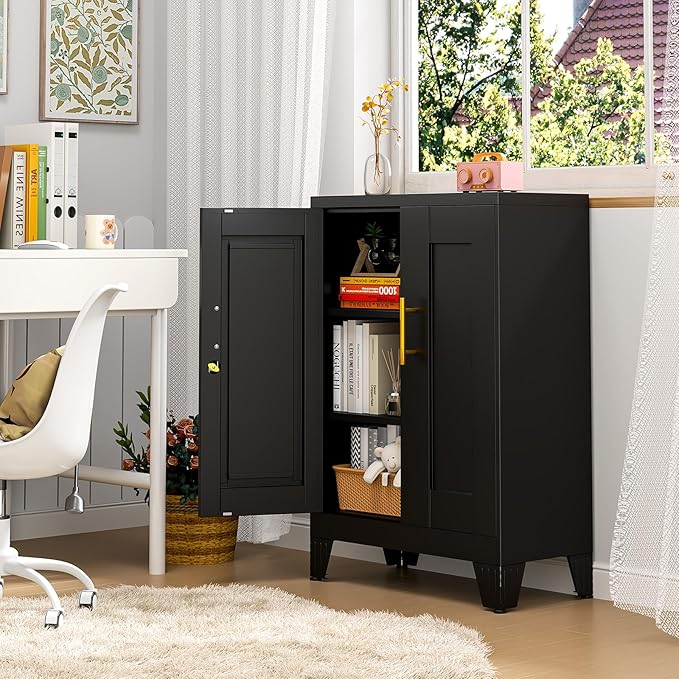 35.43" Lockable Metal Storage Cabinet, Steel Locker File Cabinet with 2 Doors ＆ 2 Adjustable Shelves, Multi-Purpose Organizer for Home, Office File Storage & Garage Locker (Black)