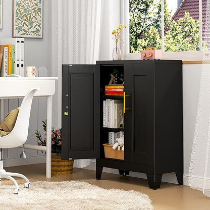 35.43" Lockable Metal Storage Cabinet, Steel Locker File Cabinet with 2 Doors ＆ 2 Adjustable Shelves, Multi-Purpose Organizer for Home, Office File Storage & Garage Locker (Black)