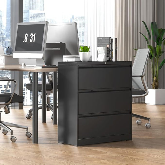 Lateral File Cabinet, 3 Drawer Lateral File Cabinet with Lock, Metal Filing Cabinets for Home Office, Black Wide Deep Drawer for Hanging Files Letter/Legal/A4/F4 Size, Printer Stand, Assembly Required