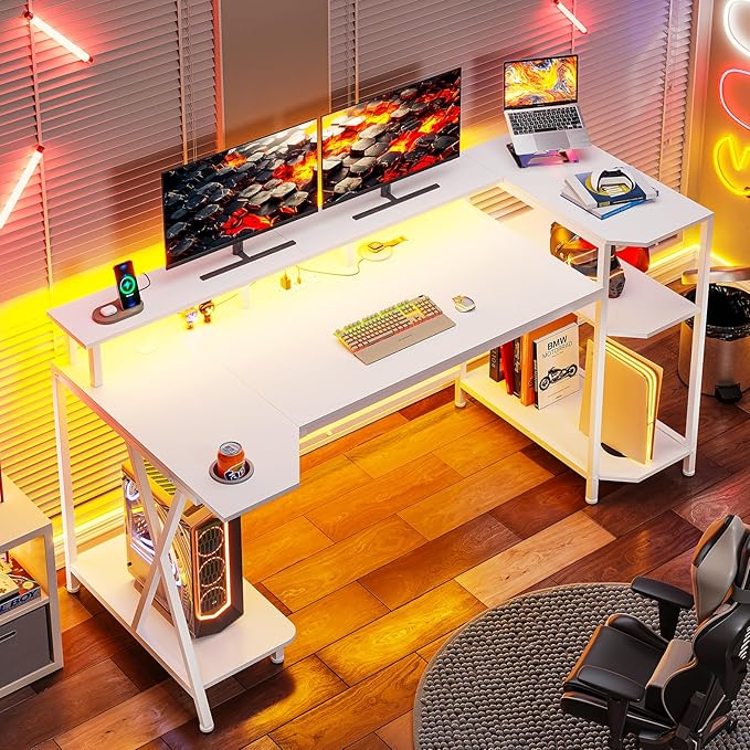 SEDETA White Gaming Desk 55'' with LED Lights and Storage Shelves, Computer Desk with Monitor Stand, Power Outlets and Cup Holder, Large PC Gamer Desk, Gaming Table for Bedroom, Living Room
