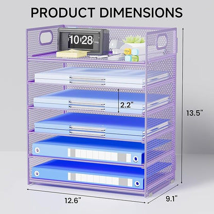 Purple Paper Organizer for Desk with Handle, 6-Tier Metal Mesh File Organizer | Stackable Desktop Organizer for Office Supplies & Stationery Storage