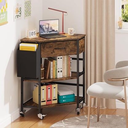 YAOHUOO Corner Printer Stand, Corner Table with Power Outlet/Storage Fabric Drawer，Printer Cart for Home Office with Height Adjustable Shelf/Side Pocket, Rustic Brown