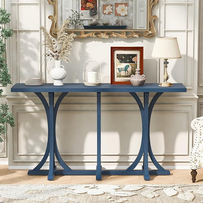 59.8" Wooden Console Table with Oak Veneer Top,Farmhouse Entryway Table with Rubber Wood Slender Curved Legs,Perfect for Living Room,Entryway,Hallway,Navy Blue