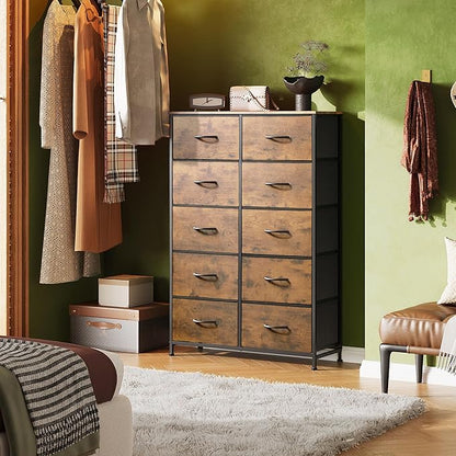 WLIVE Tall Dresser for Bedroom with 10 Drawers, Fabric Dresser for Closet, Storage Tower with Cabinet, Metal Frame, Rustic Brown Wood Grain Print