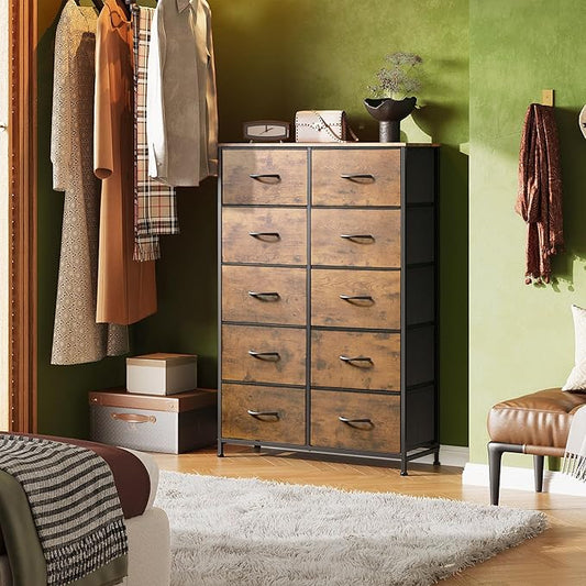 WLIVE Tall Dresser for Bedroom with 10 Drawers, Fabric Dresser for Closet, Storage Tower with Cabinet, Metal Frame, Rustic Brown Wood Grain Print