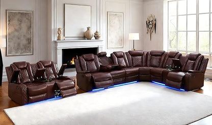 Brown Power Recliner Sectional Sofa with Loveseats, Living Room Furniture Sets, Leather Power Recliner Sectional Sofa Set with LED, Read Lights, Hidden Arm Storage for Living Room/Home/Office